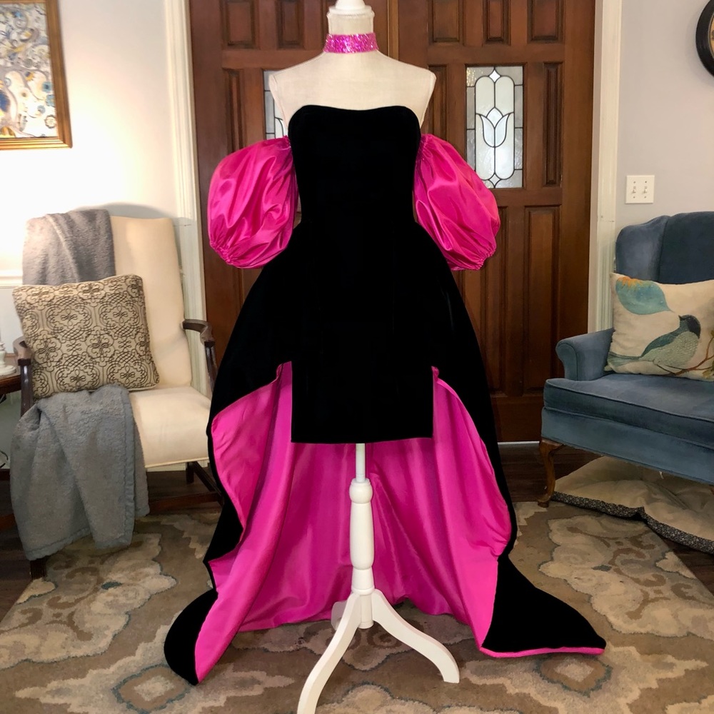 Sherri Hill Black and Hot Pink Satin High-Low Ball Gown